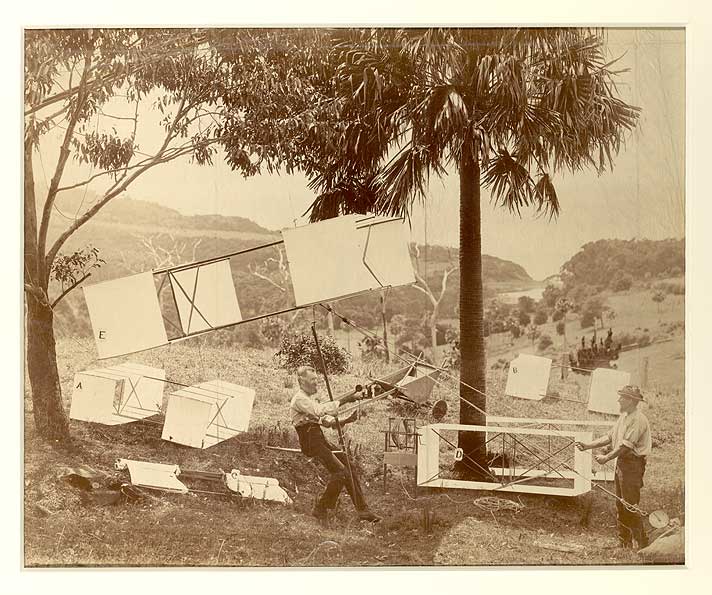 Lawrence Hargrave with box kites, 1894
