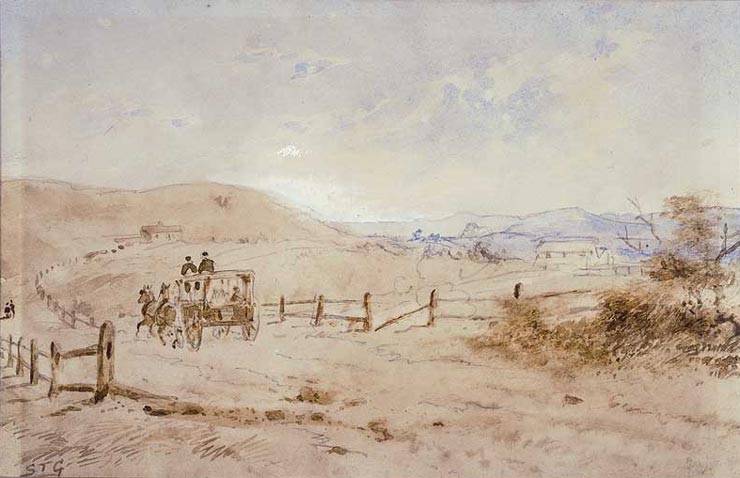 'Cobb and Co coach on the Sydney road', 1850s