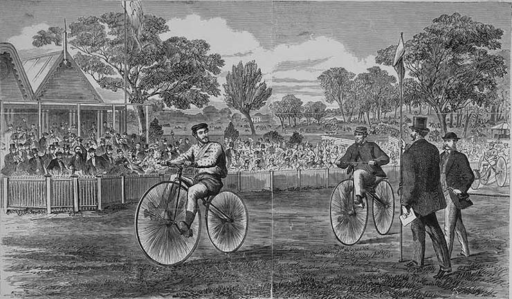 'First velocipede race on the Melbourne Cricket Ground', 1869