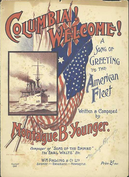 Sheet music cover for 'Columbia! Welcome!', 1908