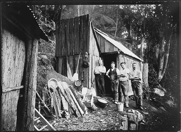 Outside gold miners' huts, Mount Dromedary, 1890s
