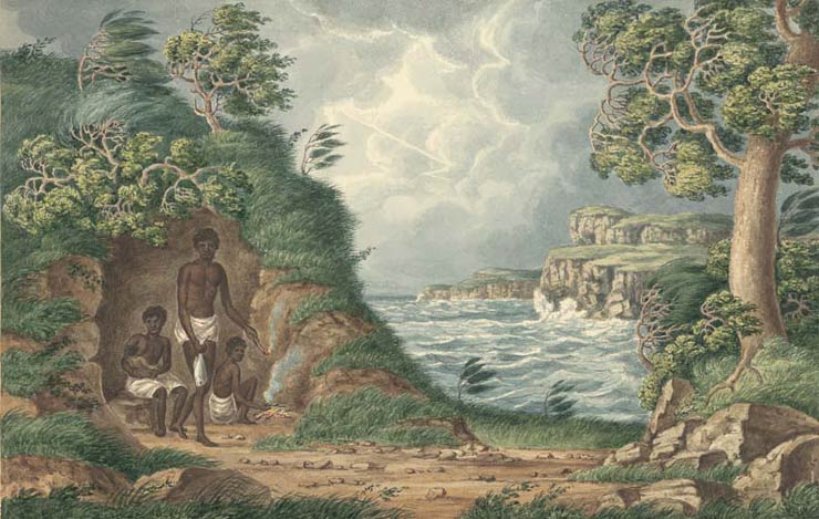 Indigenous Australian family sheltering in a cave, c1817