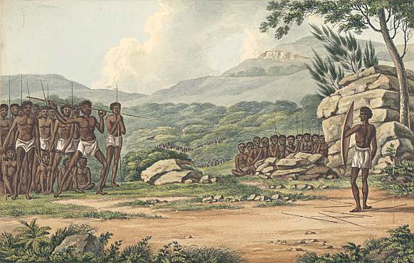 Indigenous Australian man warding off spears, c1817